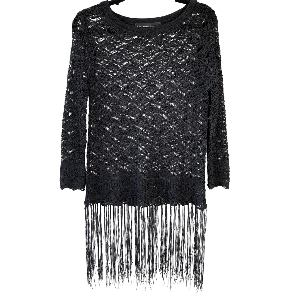 Colleen Lopez Womens Crochet Fringe Top S Black Festival Whimsigoth Witchy Goth